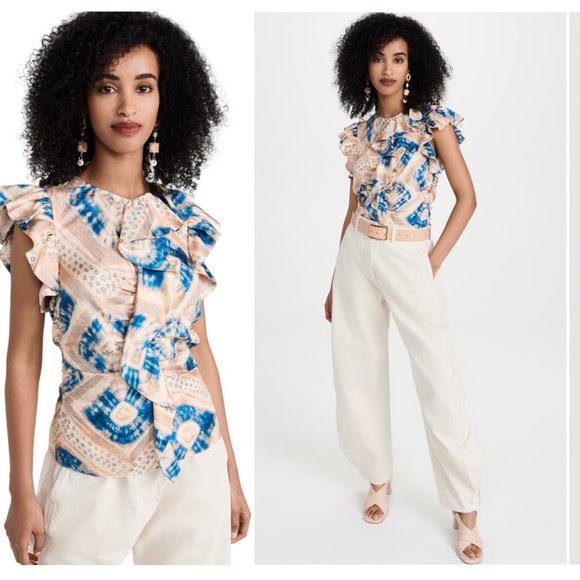 NWT Ulla Johnson Vida Blue and Cream Ruffle Blouse $425 - Picture 1 of 5